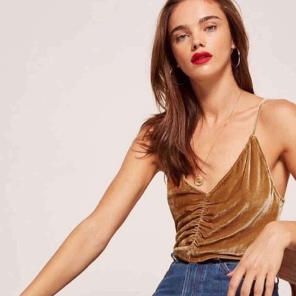 Reformation Jasper Gold Velvet deep V tank
